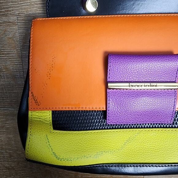 Braccialini Retro Color Block Italian Leather Top Handle Bag Crossbody - Picture 12 of 13